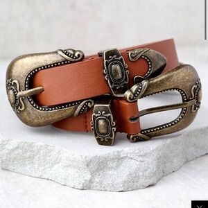 Into the west brown and gold double buckle belt